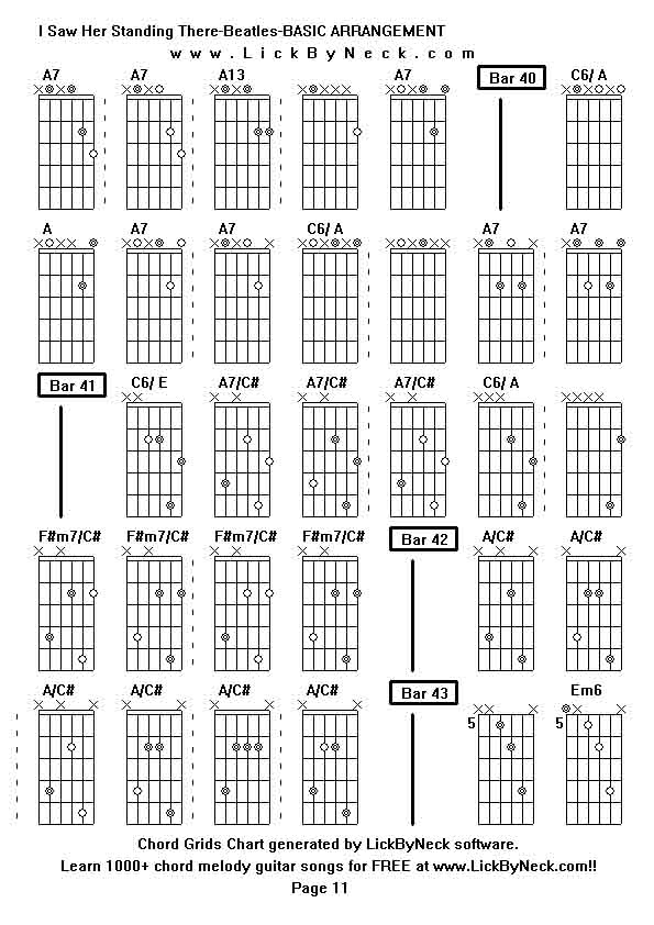 Chord Grids Chart of chord melody fingerstyle guitar song-I Saw Her Standing There-Beatles-BASIC ARRANGEMENT,generated by LickByNeck software.